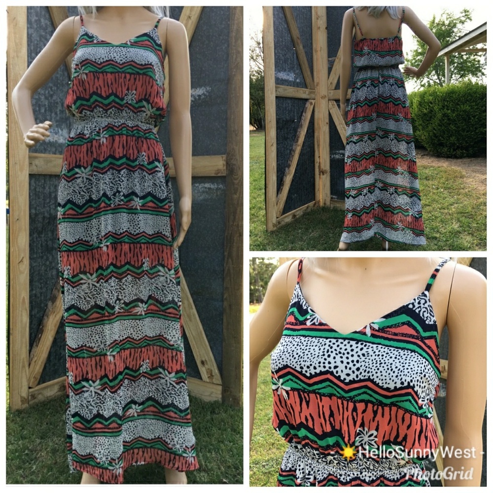 Umgee Sheer S Bottom Printed Spaghetti  Maxi Dress